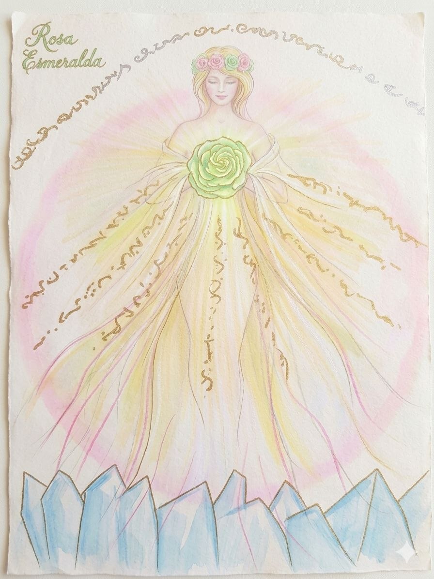 Rosa Esmeralda: figura con rosa verde en el pecho, códigos de luz dorados y cristales
