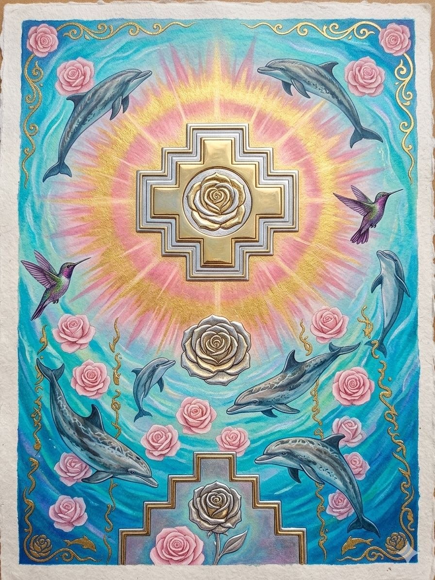 Portal con chakana dorada, rosas, delfines y colibríes